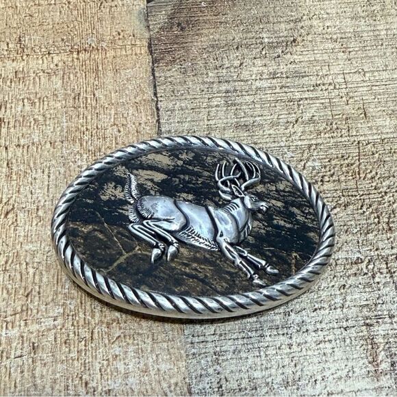 Running Jumping Deer in Nature Vintage Nocona Belt Buckle W/  camouflage backing - Picture 1 of 10
